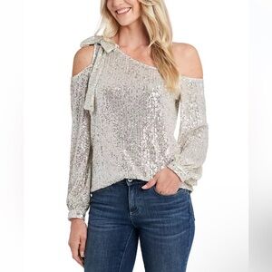 CeCe Silver Sequin Cold Shoulder Top